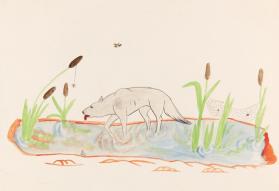 "Dog in Pond with Spider Webs"